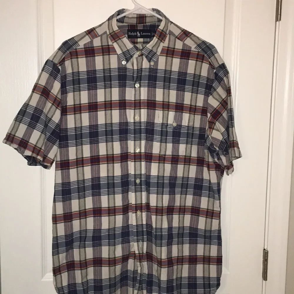 Polo by Ralph Lauren Plaid Tartan Pocket SS Madras India made cotton Shirt L